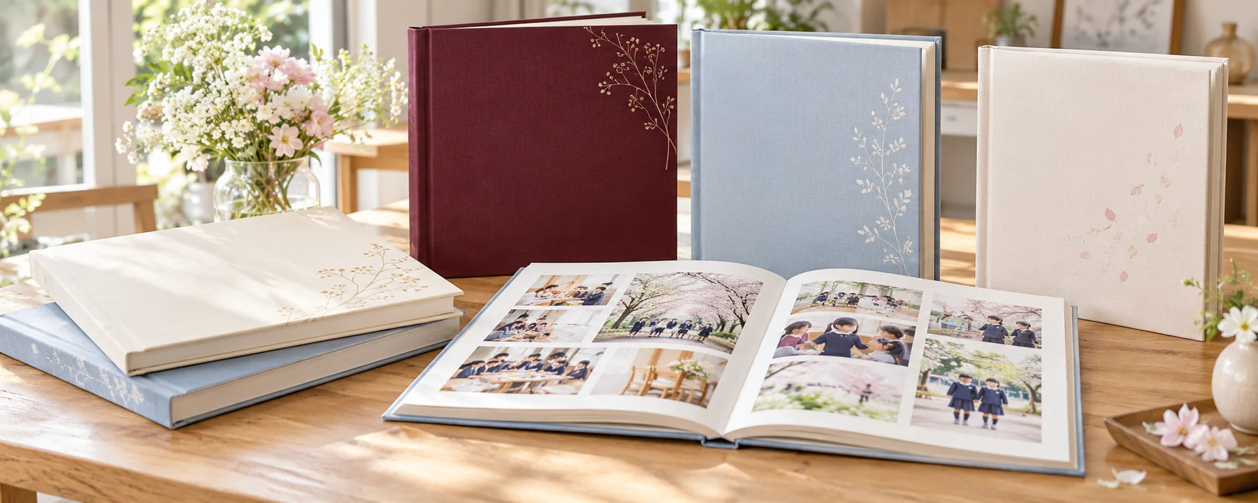 写真のない表紙の卒園アルバムと、子どもたちの写真が並ぶ開いたアルバム