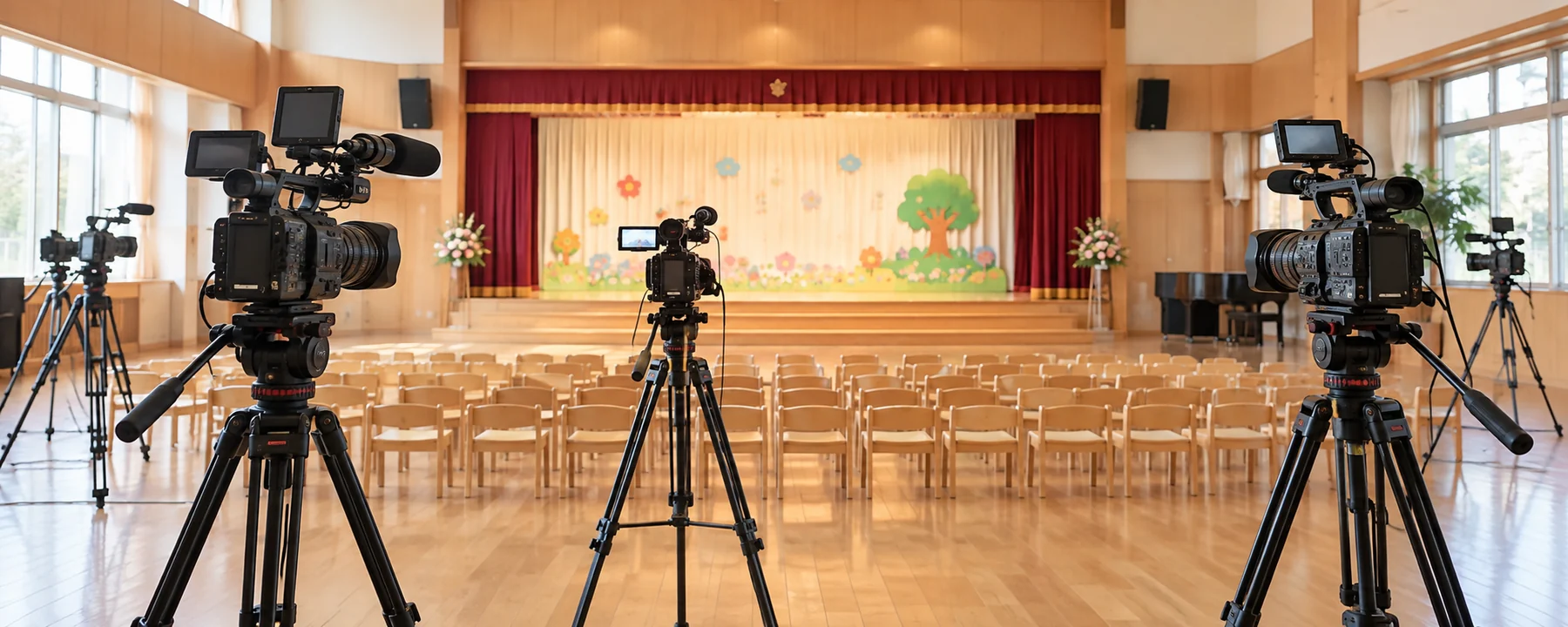 幼稚園のホールに並ぶ動画撮影用のカメラと三脚