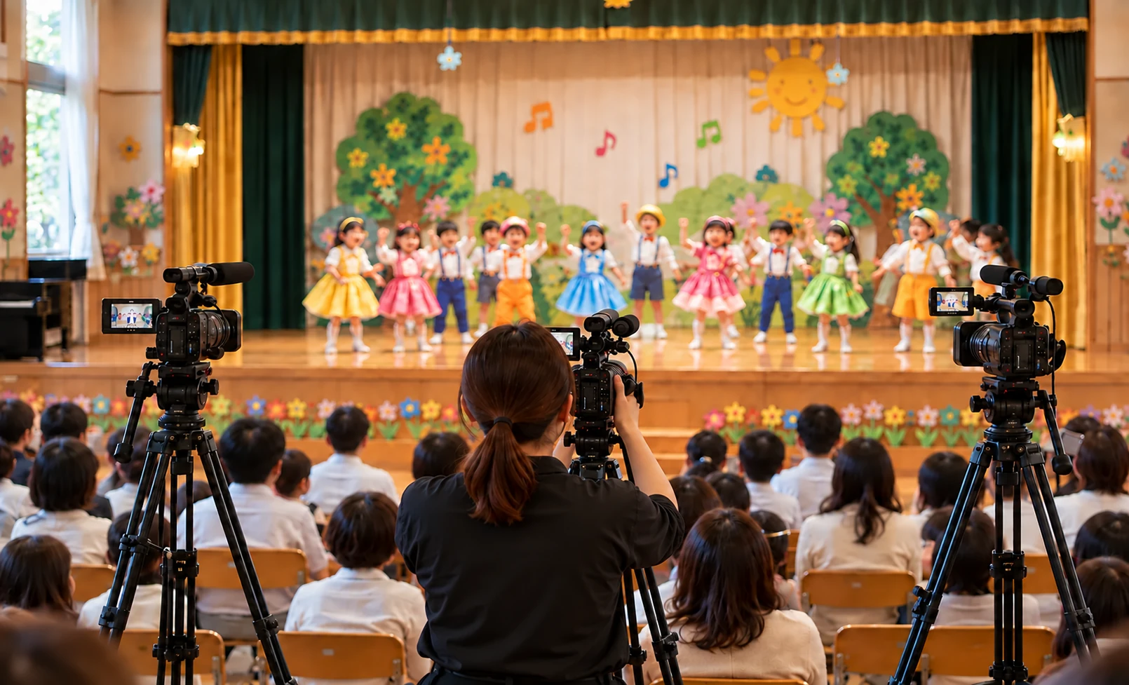 幼稚園のお遊戯会を、中央の女性カメラマンと左右の三脚付きカメラで撮影する様子