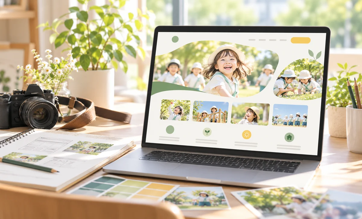 ノートパソコンに表示された、写真を使った園のホームページデザイン